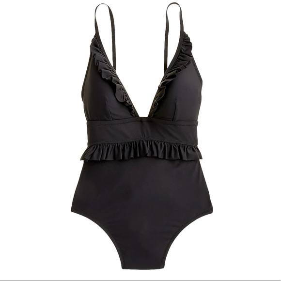 J. Crew Long Torso Ruffle Deep V One-piece Swimsuit Size 0 Black NWT - Picture 1 of 5